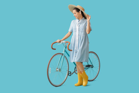 Beautiful young woman with bicycle on blue backgroundの写真素材