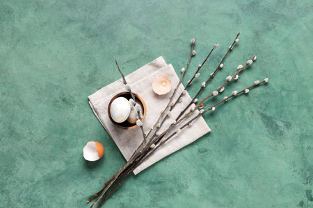 Pussy willow branches with Easter eggs and burning candle on green background