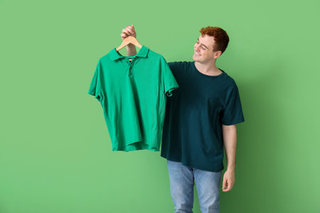 Young man choosing t-shirt on green backgroundの写真素材