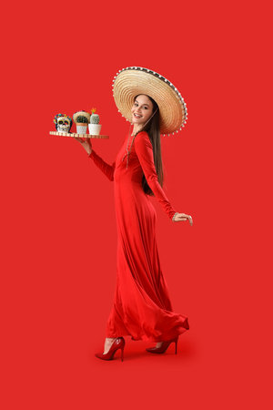 Beautiful woman in sombrero hat, with painted skull and cacti on red background. Mexico's Day of the Dead (El Dia de Muertos)の写真素材