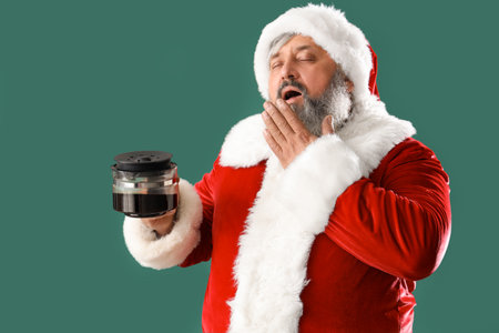 Sleepy Santa Claus with coffee pot on green backgroundの写真素材