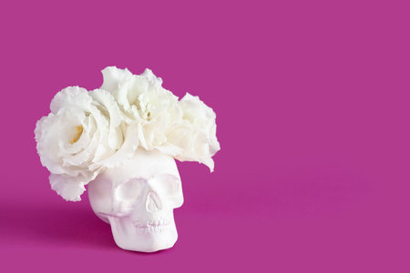 Human skull with beautiful eustoma flowers on purple backgroundの写真素材