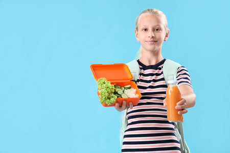 Girl with backpack, lunchbox and bottle of juice on blue backgroundの写真素材