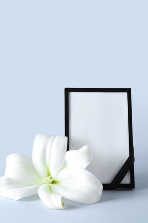 Blank funeral frame and beautiful lily flower on gray backgroundの写真素材