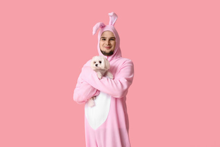 Young man in bunny costume with cute dog on pink background. Easter celebrationの写真素材