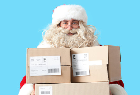 Santa Claus with parcels on blue backgroundの写真素材