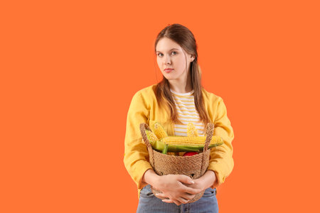 Beautiful young female farmer with wicker basket full of ripe corn cobs on orange background