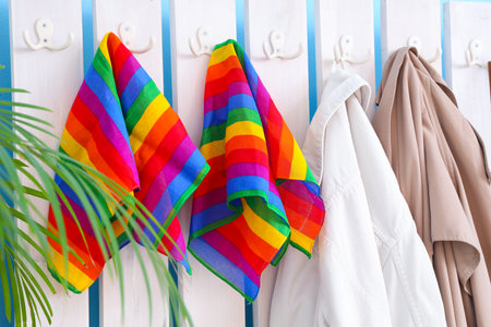 Rack with rainbow scarves and clothes in hall, closeupの写真素材
