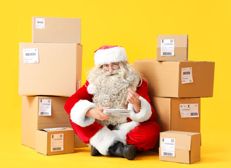 Santa Claus sitting on floor with parcels and letters against yellow backgroundの写真素材