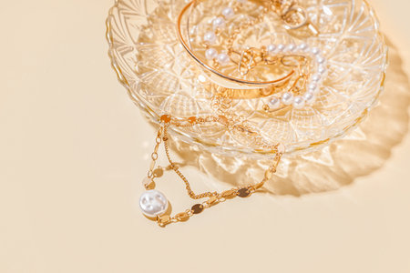 Saucer with different beautiful bracelets on beige backgroundの写真素材