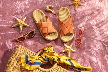 Female stylish flip flops with beach accessories on grunge pink backgroundの写真素材