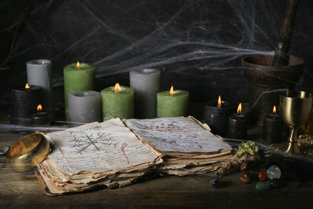 Witch's magic attributes with spell book and burning candles on dark wooden tableの写真素材