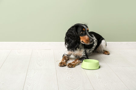 Cute cocker spaniel with feeding bowl near green wall