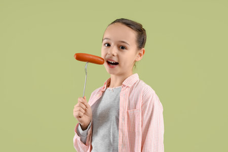Cute little girl with tasty sausage on green backgroundの写真素材