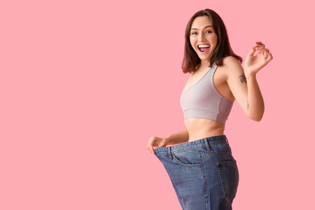 Beautiful young woman in loose jeans on pink background. Weight loss conceptの写真素材