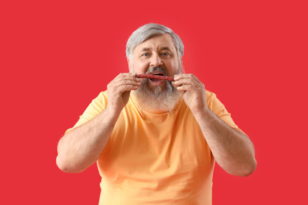 Mature man eating tasty sausage on red backgroundの写真素材