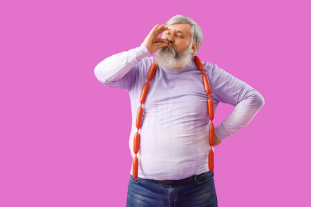 Mature man with tasty sausages on purple backgroundの写真素材