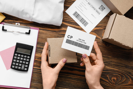 Woman with label and cardboard package at wooden table