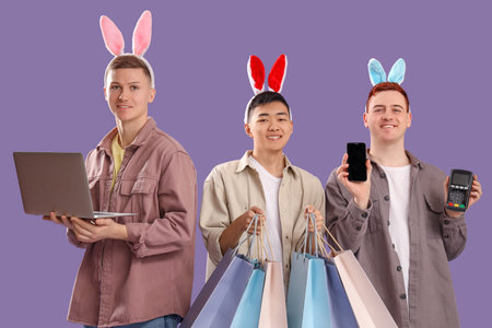 Young man in bunny ears with gadgets and shopping bags on lilac background. Easter Sale