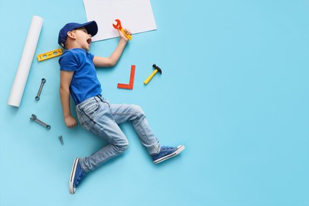 Cute little builder with toy tools lying on blue background, top viewの写真素材