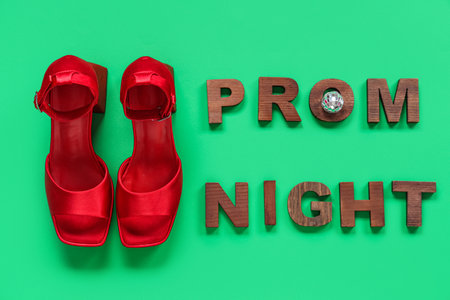 Words PROM NIGHT with female shoes and disco ball on green backgroundの写真素材