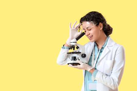 Female African-American chemist with microscope on yellow backgroundの写真素材