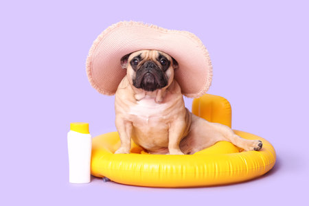 Cute French bulldog with hat, bottle of sunscreen and inflatable ring on purple backgroundの写真素材