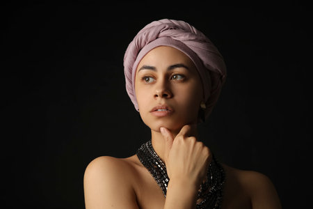 Fashionable young African-American woman on black backgroundの写真素材