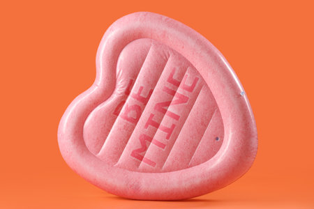Swimming mattress in the shape of heart on orange backgroundの写真素材