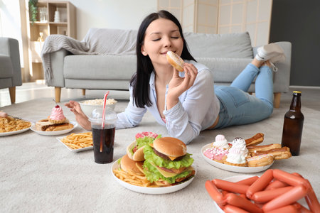 Young woman with unhealthy food lying on floor at home. Overeating conceptの写真素材