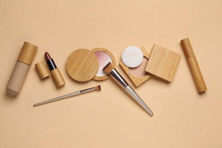 Set of cosmetic products on beige background. Top viewの写真素材