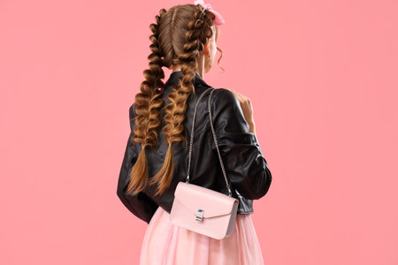 Beautiful young woman in leather jacket with braids and handbag on pink backgroundの写真素材