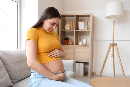 Young pregnant woman with medical patch after vaccination sitting on sofa at homeの写真素材