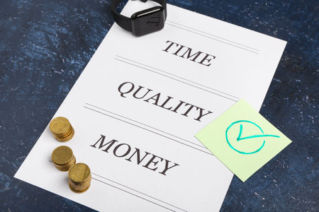 Paper with text TIME QUALITY MONEY, smart watch and coins on blue grunge background