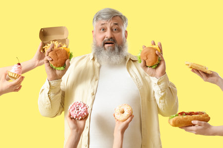 Overweight mature man and hands with unhealthy food on yellow background. Overeating conceptの写真素材