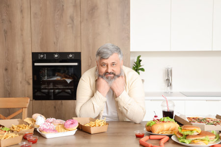 Overweight mature man at table full of unhealthy food in kitchen. Overeating conceptの写真素材