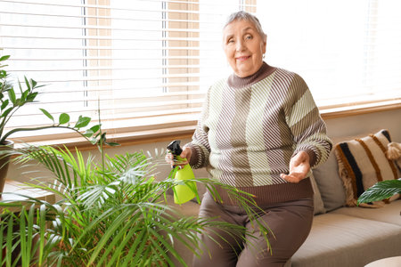 Senior gardener watering palm tree at homeの写真素材