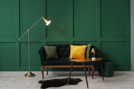 Interior of living room with pillows on sofa and tableの写真素材