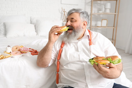 Overweight mature man eating burgers in bedroom. Overeating conceptの写真素材