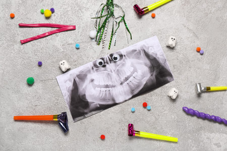 Composition with x-ray image of teeth and party decor on grunge background. April Fool's Day...