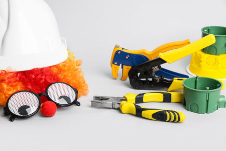 Set of electrician's supplies and party decor on light background. April Fool's Day celebration