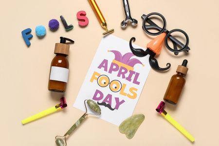 Card with text APRIL FOOLS DAY, cosmetic products, facial massage tools and party decor on color backgroundの写真素材