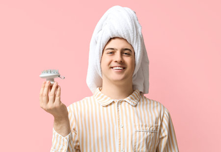 Happy young man with hair scalp massager on pink backgroundの写真素材