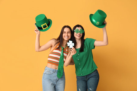 Beautiful young women with leprechaun hats and greeting card on yellow background. St. Patrick's Day...