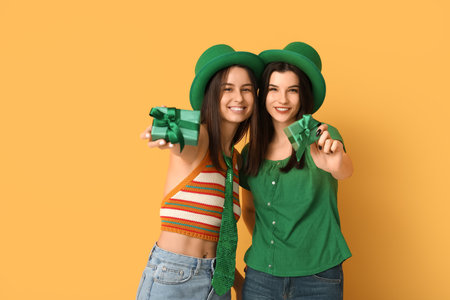 Beautiful young women in leprechaun hats with gift boxes on yellow background. St. Patrick's Day celebrationの写真素材
