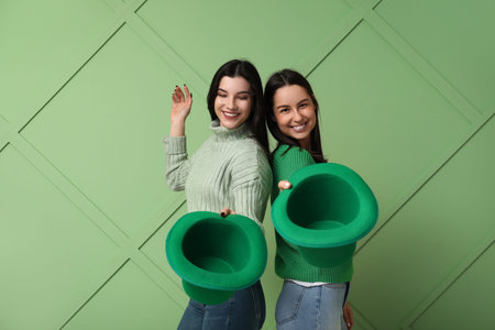 Beautiful young women with leprechaun hats on green background. St. Patrick's Day celebration