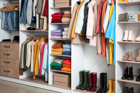 Rack with stylish female autumn clothes in modern wardrobeの写真素材