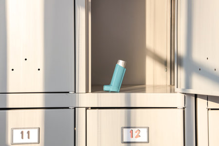 Asthma inhaler in locker at gym, closeupの写真素材
