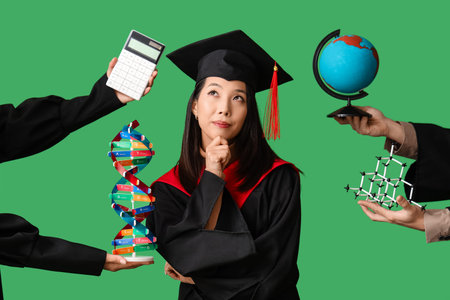 Thoughtful Asian female graduate student choosing subjects on green background