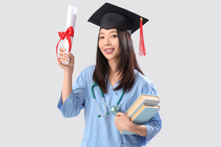 Asian female medical graduate student with diploma and books on white backgroundの写真素材